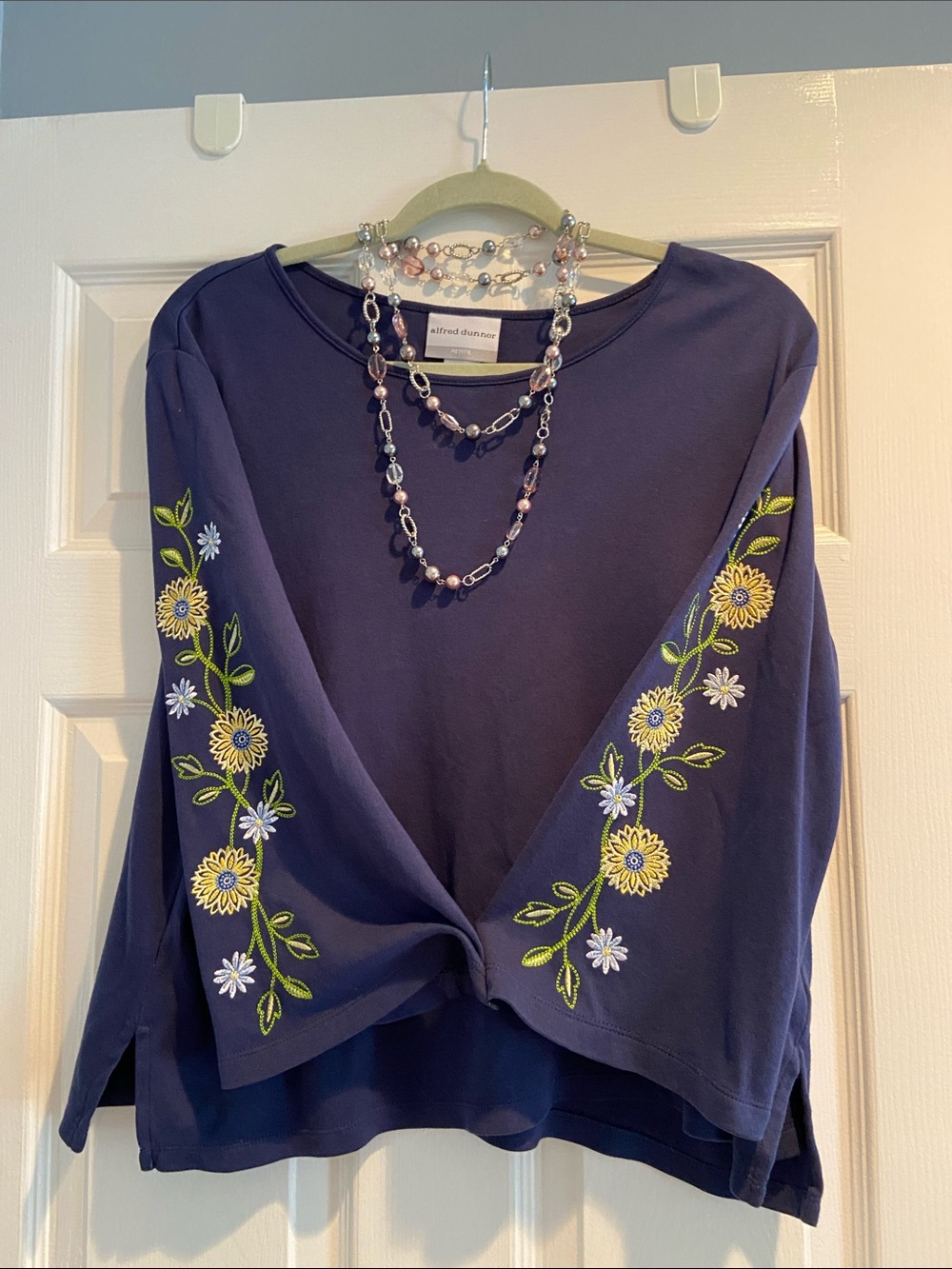 Alfred Dunner Navy Embroidered Floral Long-Sleeve Top